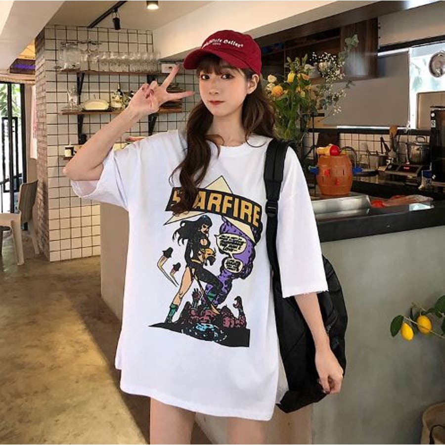 アメコミプリントＴシャツ オーバーサイズ 韓国ファッション[品番