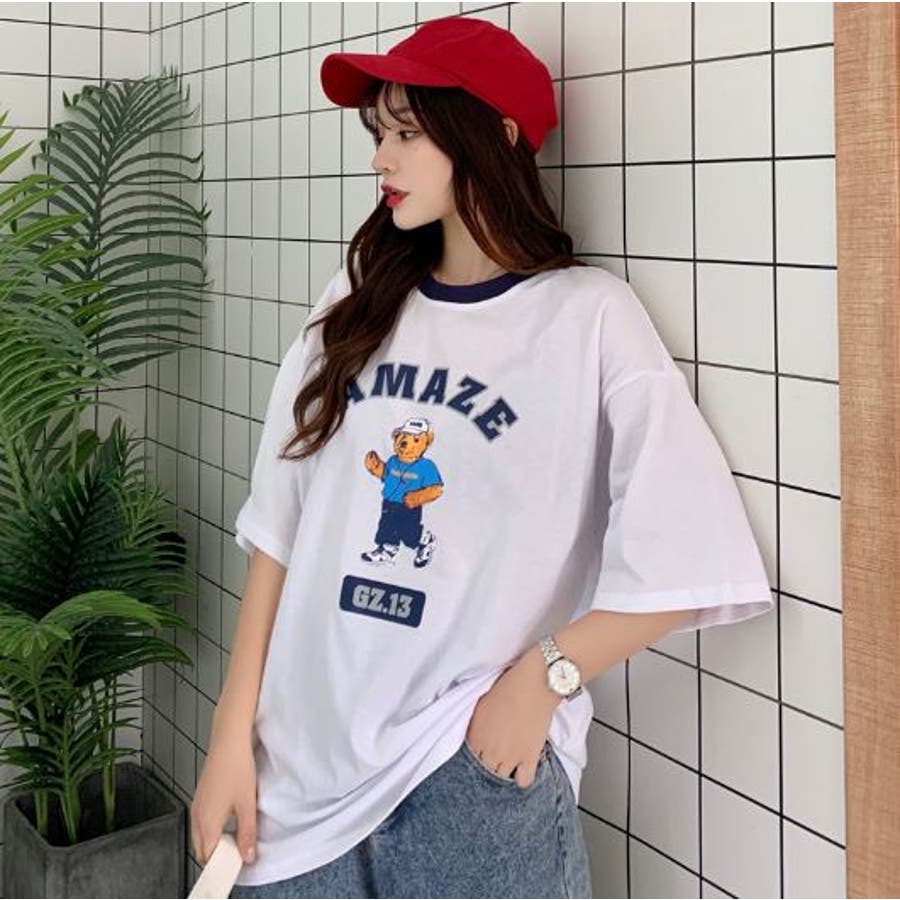 べアプリントビックシルエットTシャツ くまちゃん 韓国系[品番