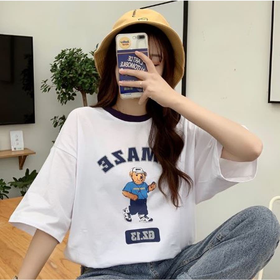 べアプリントビックシルエットTシャツ くまちゃん 韓国系[品番