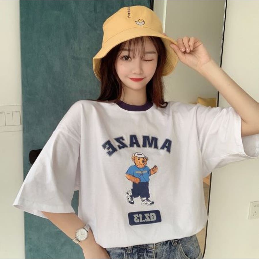 べアプリントビックシルエットTシャツ くまちゃん 韓国系[品番