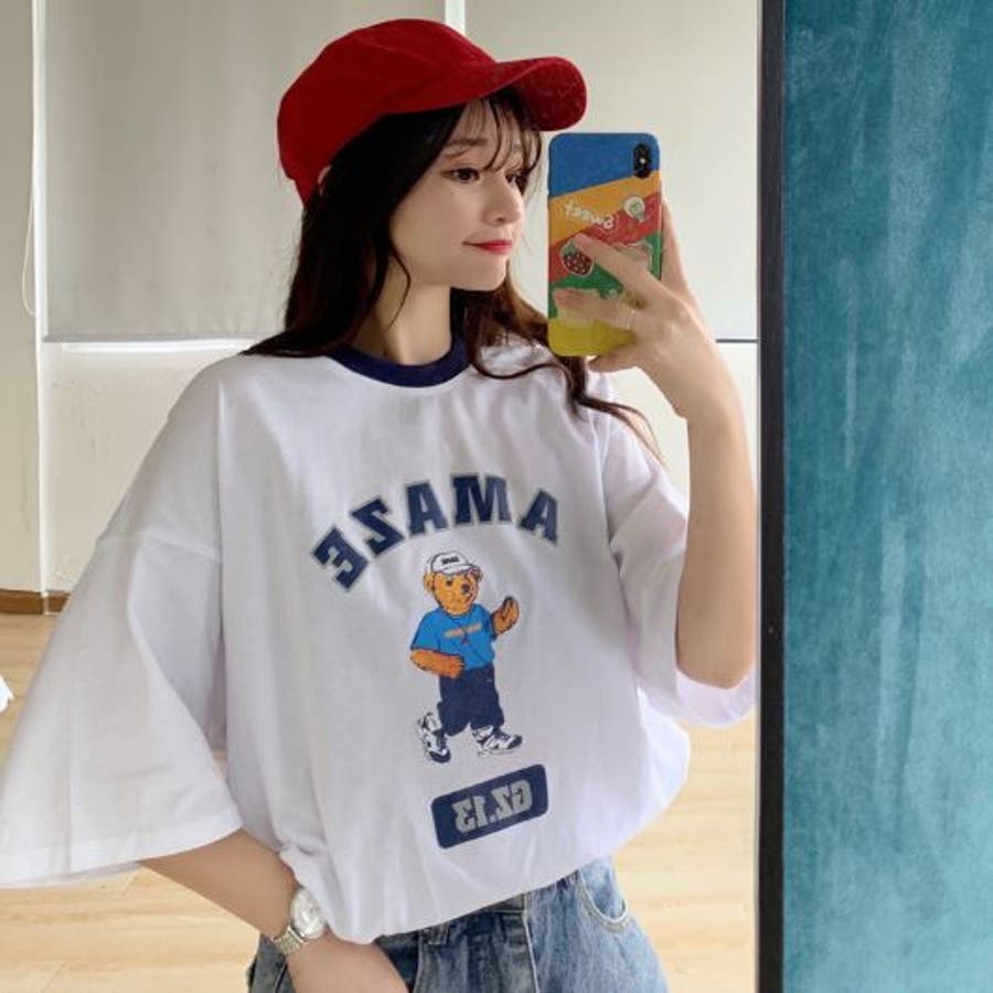 べアプリントビックシルエットTシャツ くまちゃん 韓国系[品番