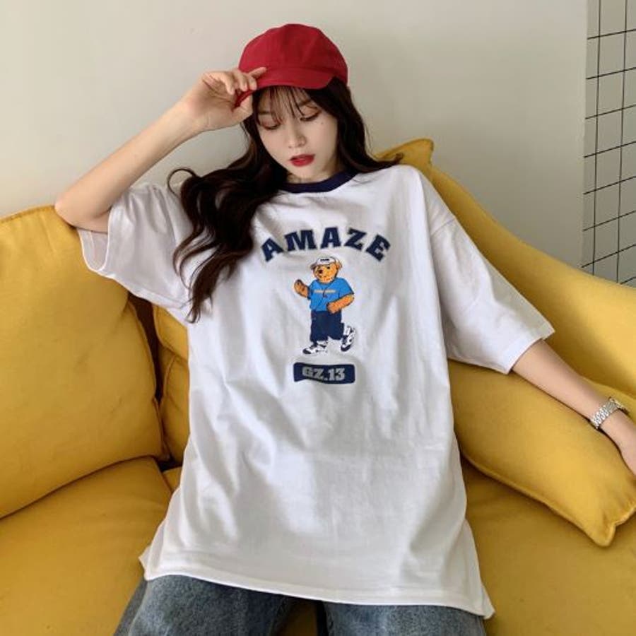 べアプリントビックシルエットTシャツ くまちゃん 韓国系[品番