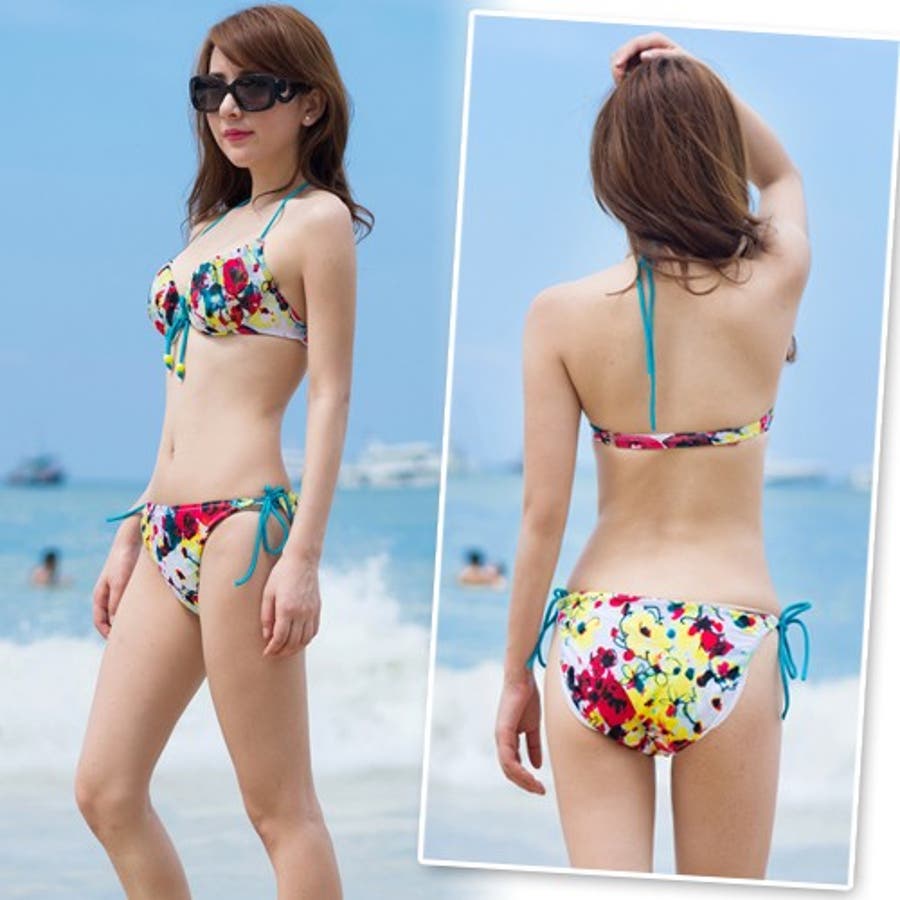 2点セット☆キレイ色水彩花柄ワイヤーフリルビキニ☆水着[品番
