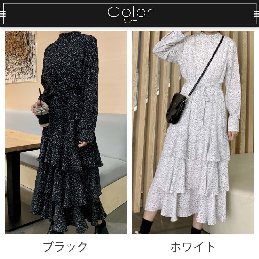 2019春新作 段々フリルシフォンギャザーワンピース（ワンピース ロング