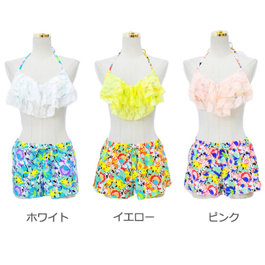 新作 ふんわりレースフリルフレアービキニ×フラワー柄ショート