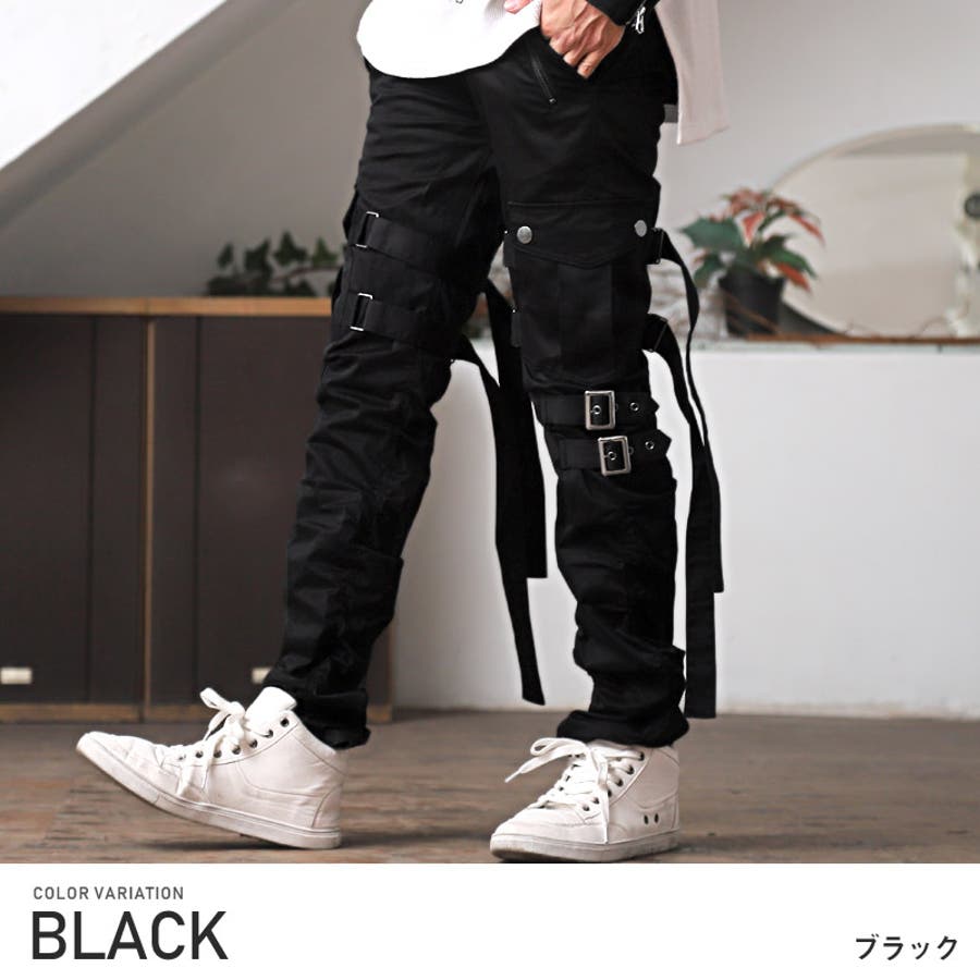 LETASCA カーゴパンツ ベルト調整可 イタリア製 ポケット多数 黒 L