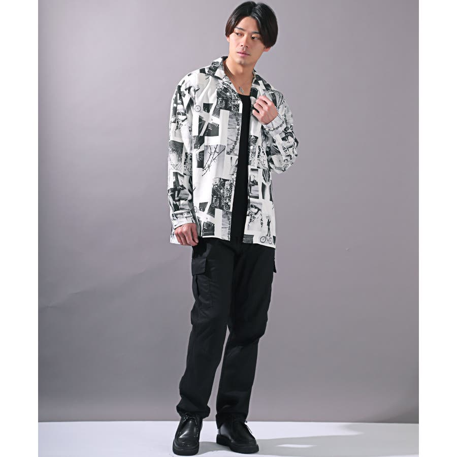 表情豊かなアート柄長袖シャツブラウス 柄シャツ メンズ