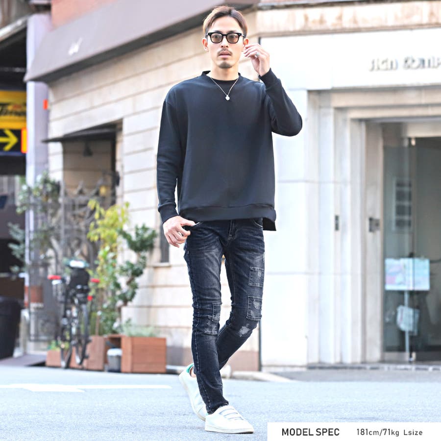 デニムパンツ パッチワーク リペアスキニー[品番：LU000008122