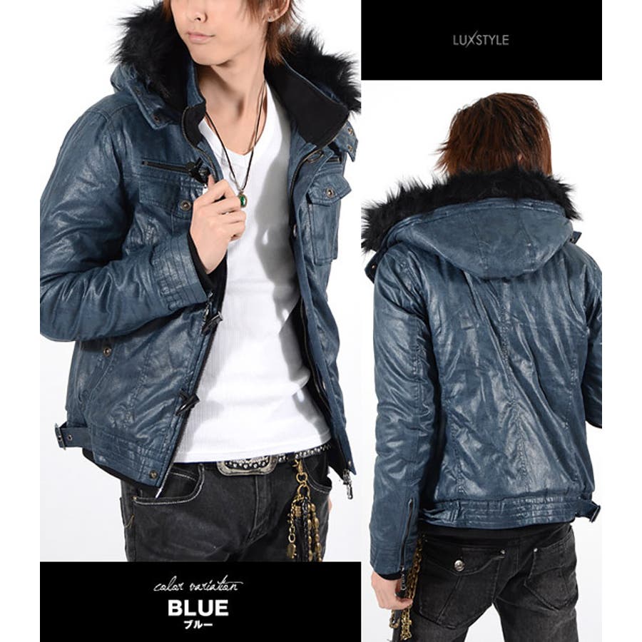 お兄系 ジャケット メンズ【着脱ファーフードフェイククラックレザー