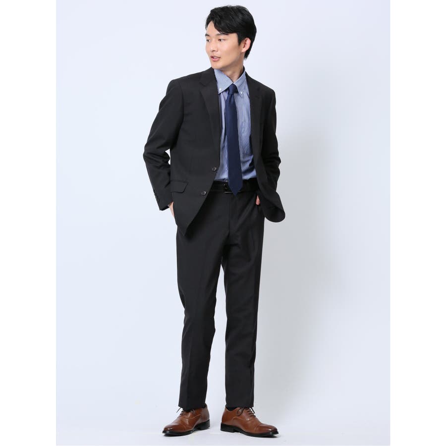 ウール混 レギュラーフィット 2ボタン2ピーススーツ ストライプ黒[品番