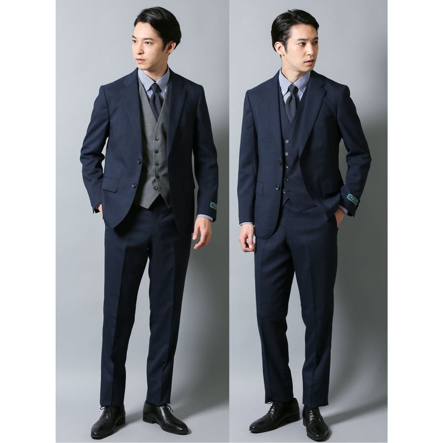 ストレッチ レギュラーフィット2ボタン3ピーススーツ グレンチェック紺