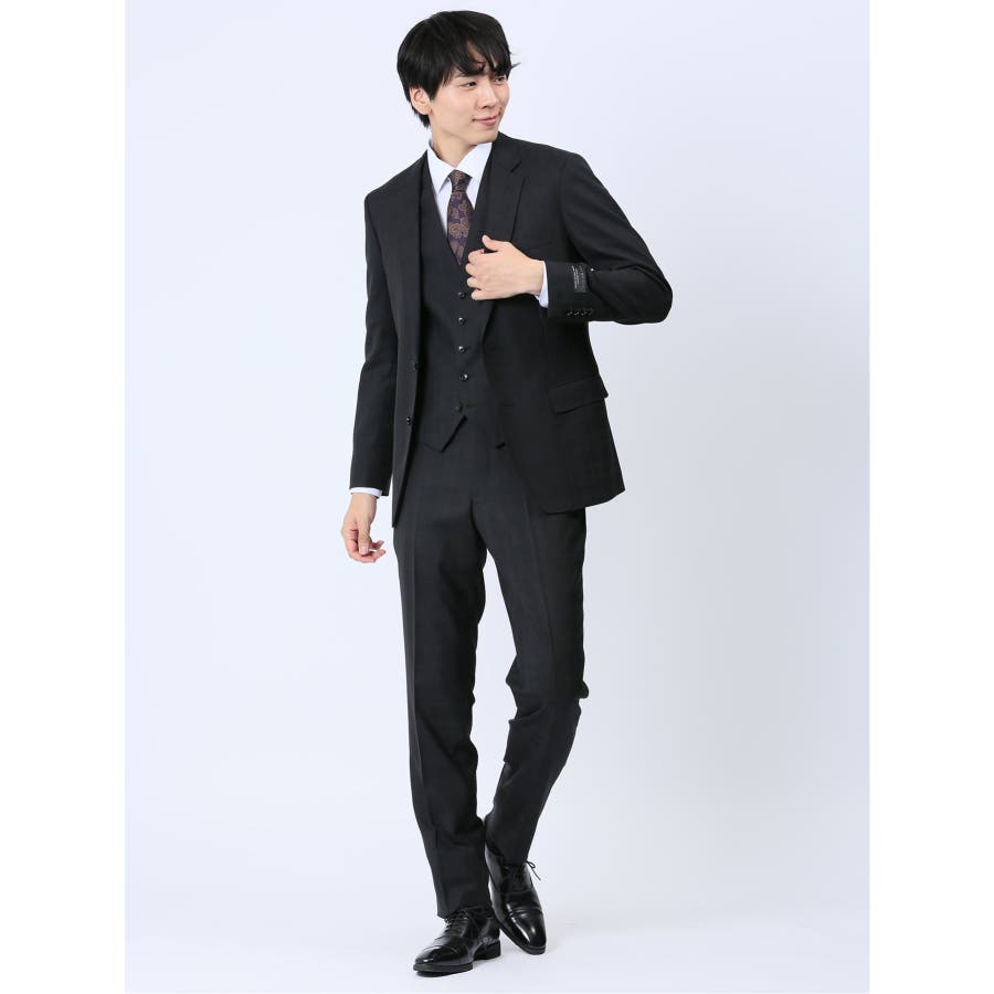 光沢ウール混 スリムフィット 2ボタン3ピーススーツ シャドーチェック