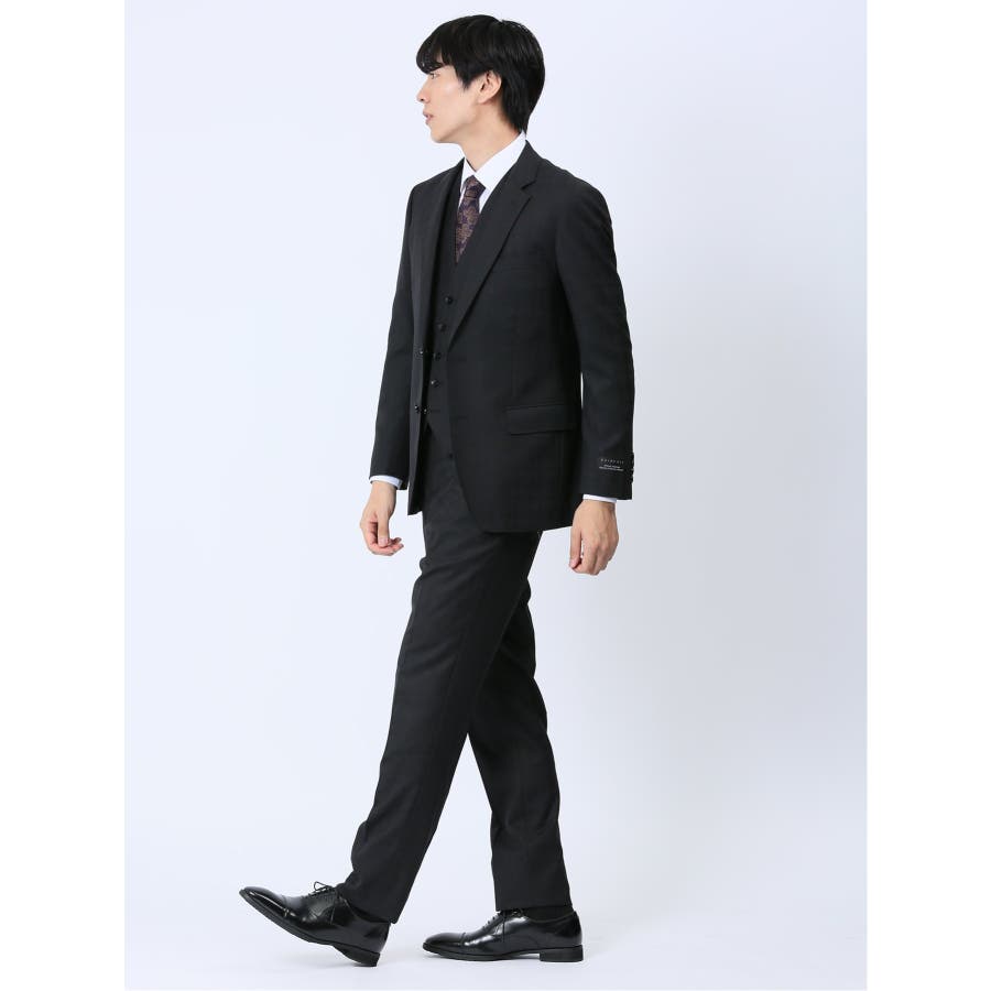 光沢ウール混 スリムフィット 2ボタン3ピーススーツ シャドーチェック