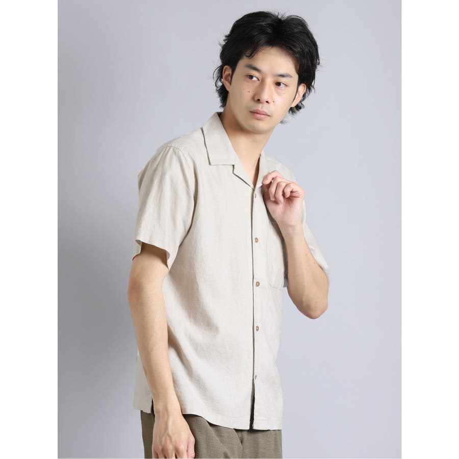 接触冷感 リネン混オープンカラー半袖シャツ[品番：TKQJ0011498