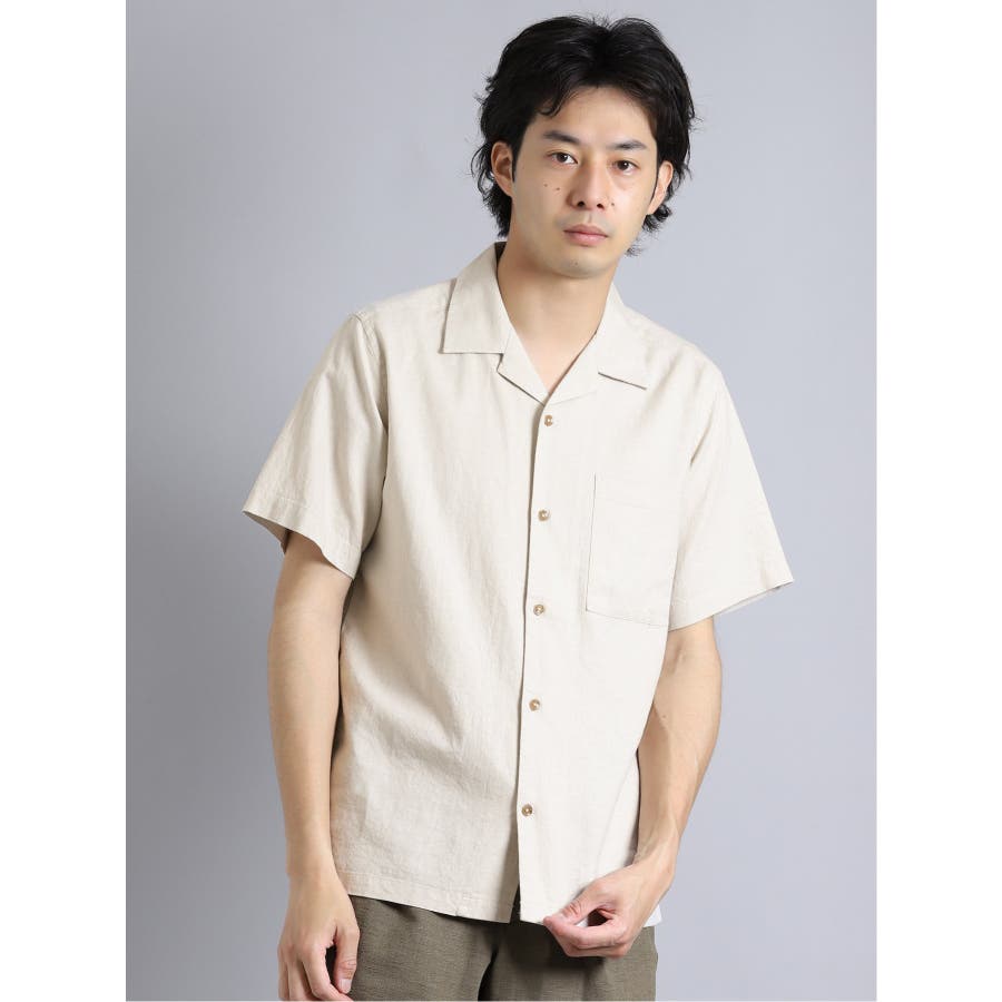 接触冷感 リネン混オープンカラー半袖シャツ[品番：TKQJ0011498