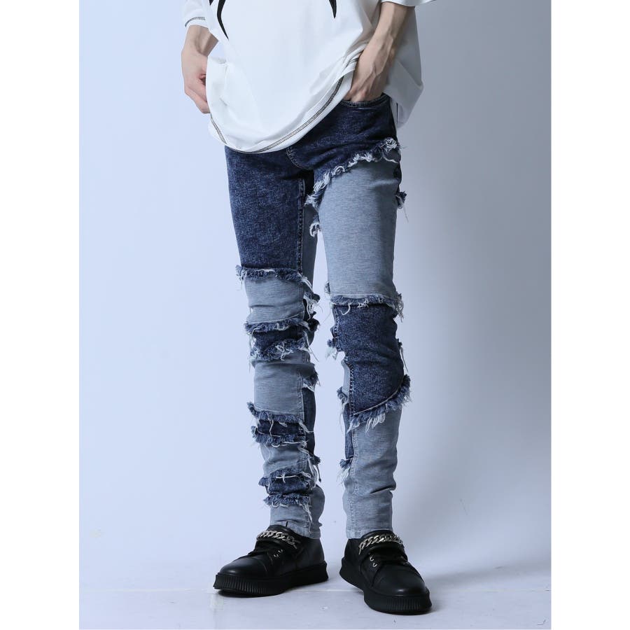 上品なブランド ストレッチ フリンジ切替 スキニーデニム[品番：TKQJ0022692 財布