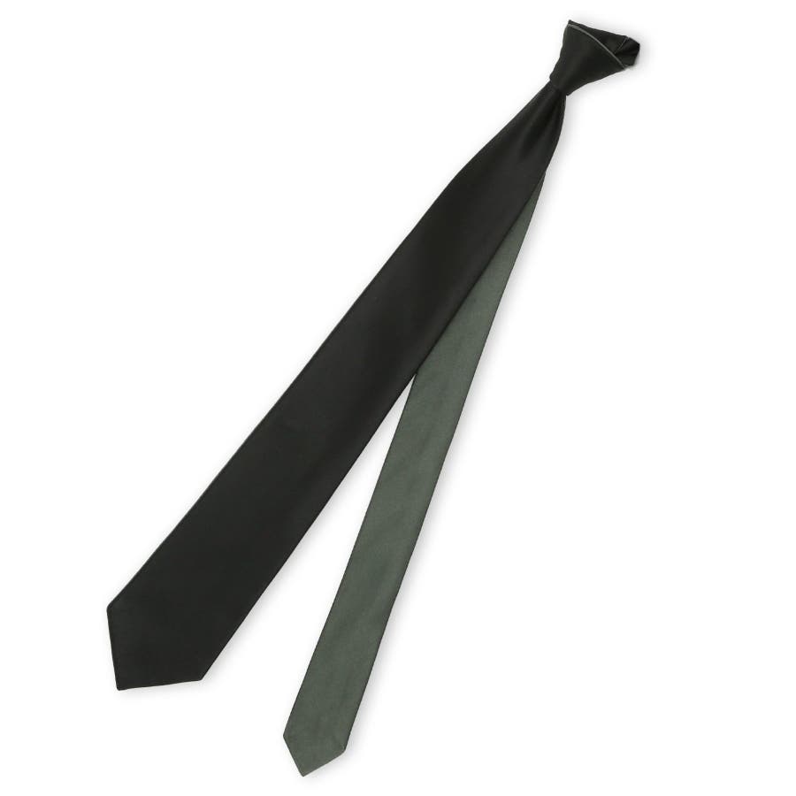 シルクサテン リバーシブル ナロータイ 7.5cm幅 黒×カーキ[品番