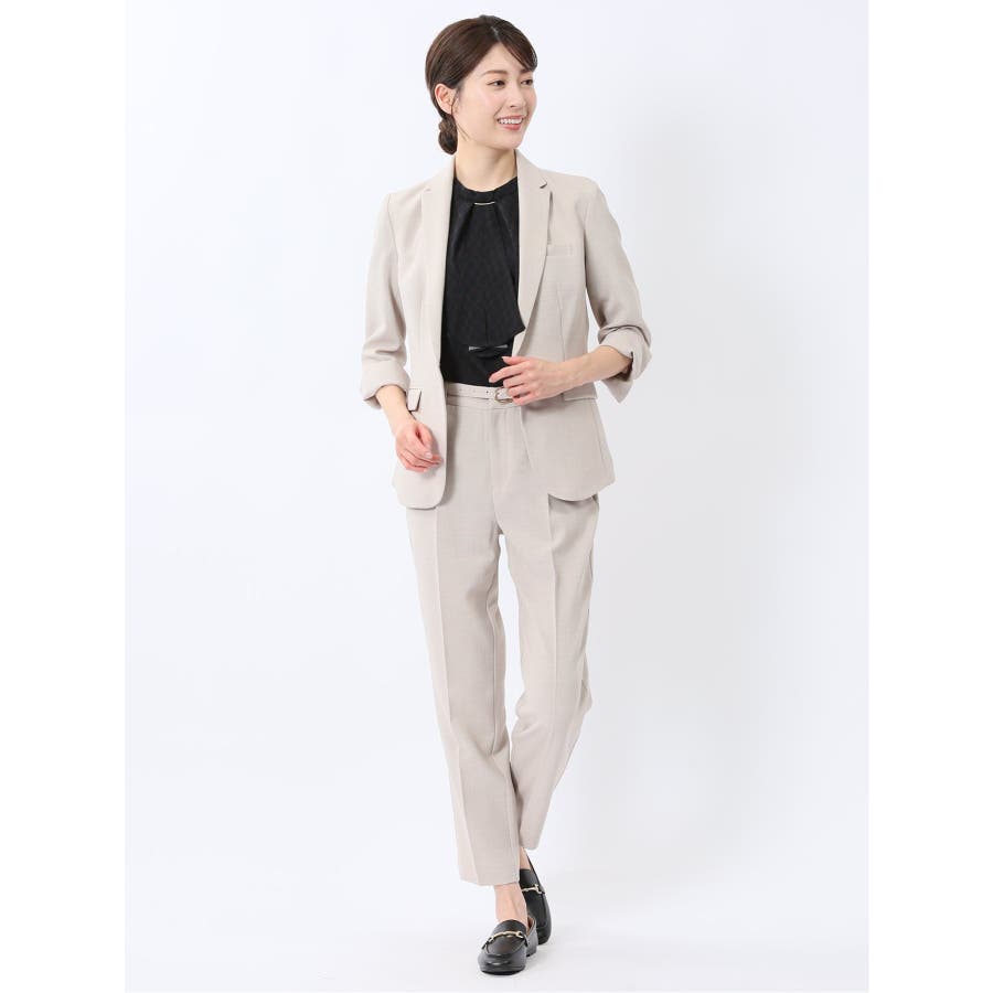 麻調合繊 1ボタン7分袖ジャケット+テーパードパンツ ベージュ 麻調合繊 1ボタン7分袖ジャケット+テーパードパンツ ベージュ