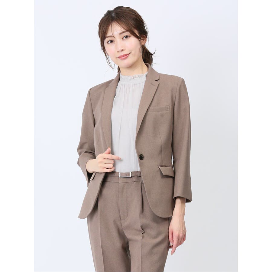 最も優遇 綿麻ライク 1ボタン7分袖ジャケット 茶(セットアップ可能)[品番 スーツ・フォーマル・ドレス