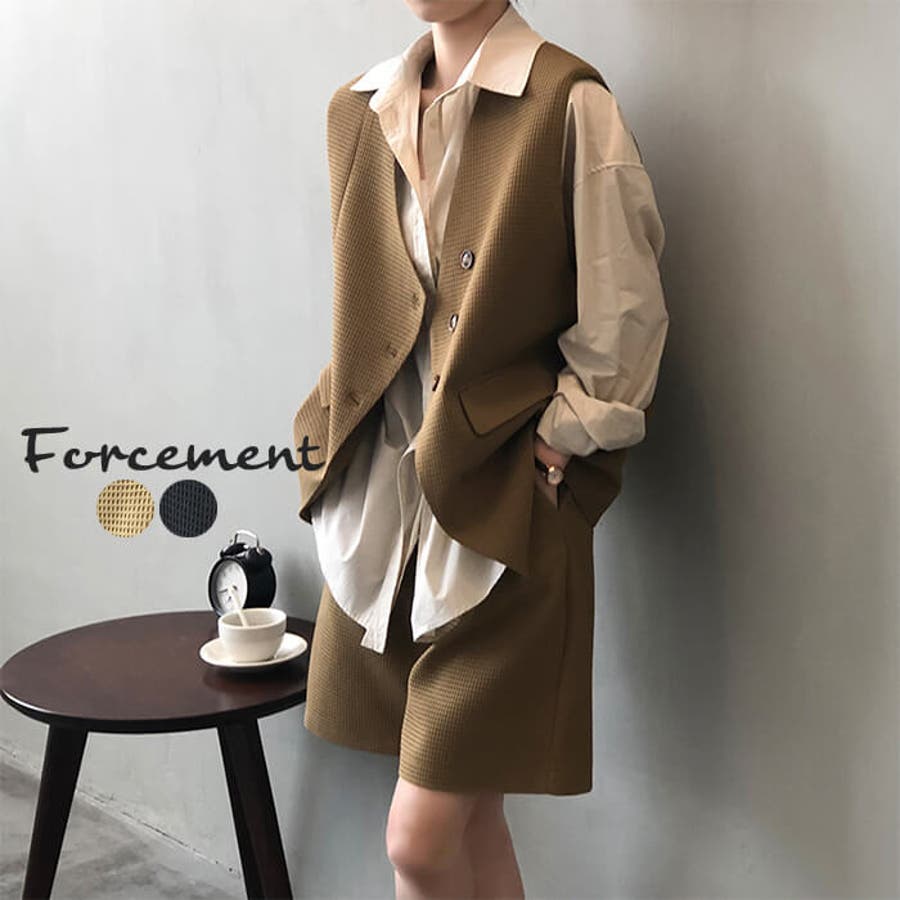 ワッフルベスト×ハーフパンツセットアップ 2点セット 無地[品番