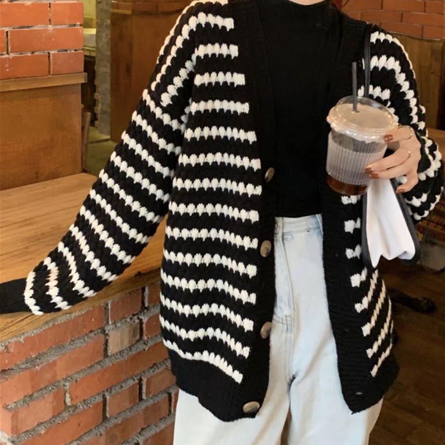 FREE STYLISTS カーディガン ゆったりサイズ ボーダー柄ニット