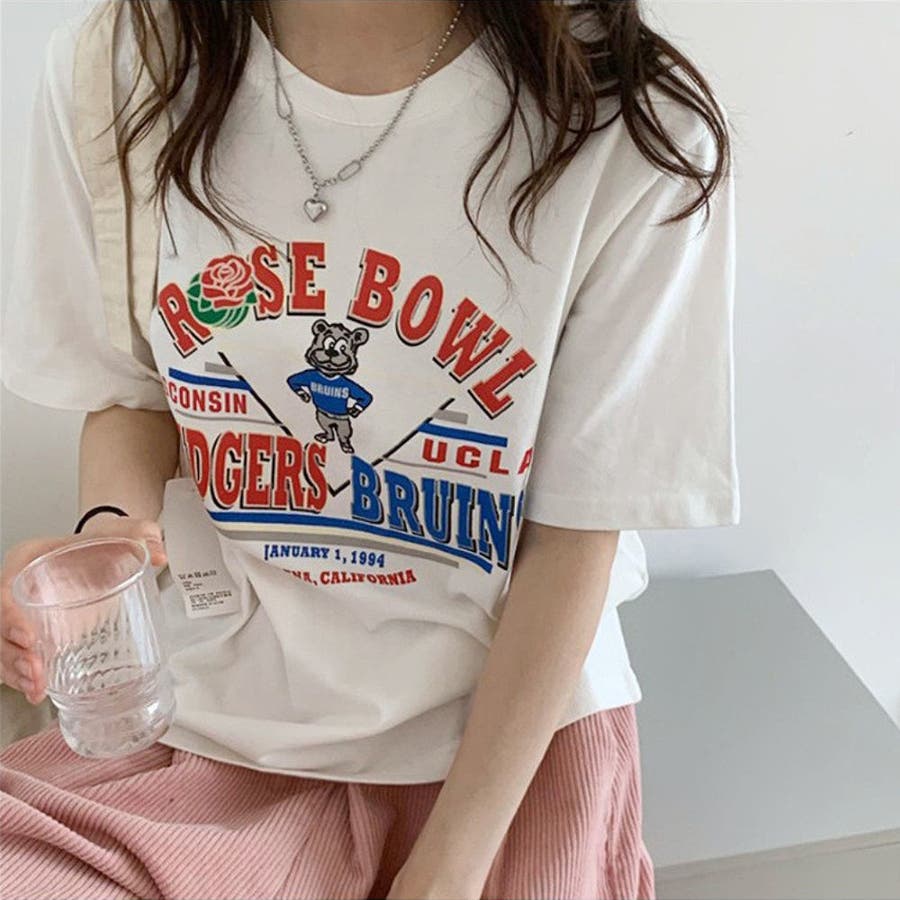 カジュアルプリントが可愛いコットンTシャツ くま バラ[品番