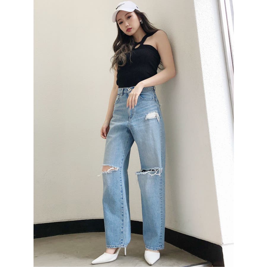 KNEEダメージハイウエストワイドストレートデニムパンツ[品番