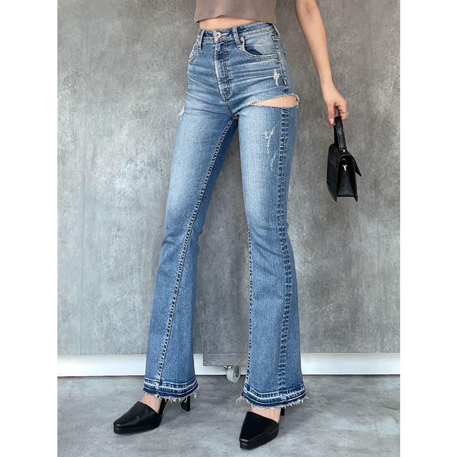 H/W SIDERIPPED SHAPELY LINEフレアデニムパンツ[品番