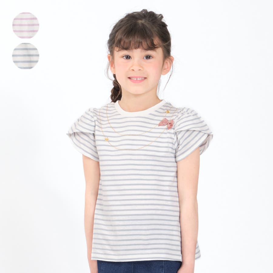ネックレス風刺繍リボン付きボーダー半袖Tシャツ 80cm～130cm K42802
