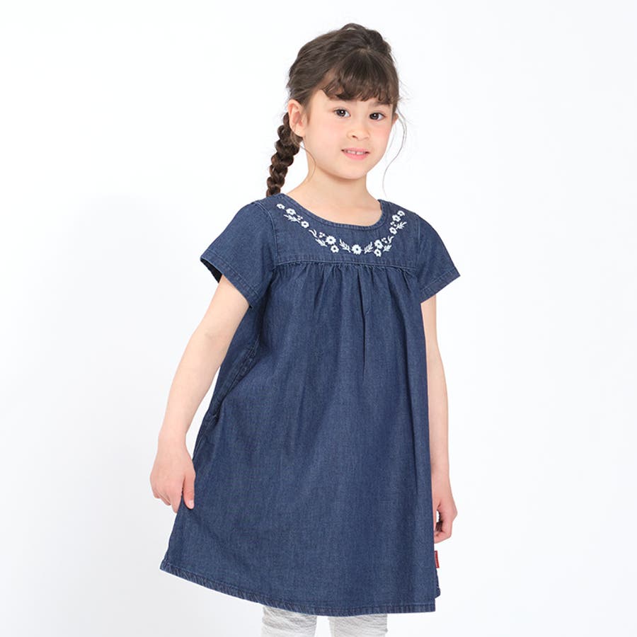 お花刺繍入りデニムワンピース 90cm～140cm M42306[品番：MTIK0010832 