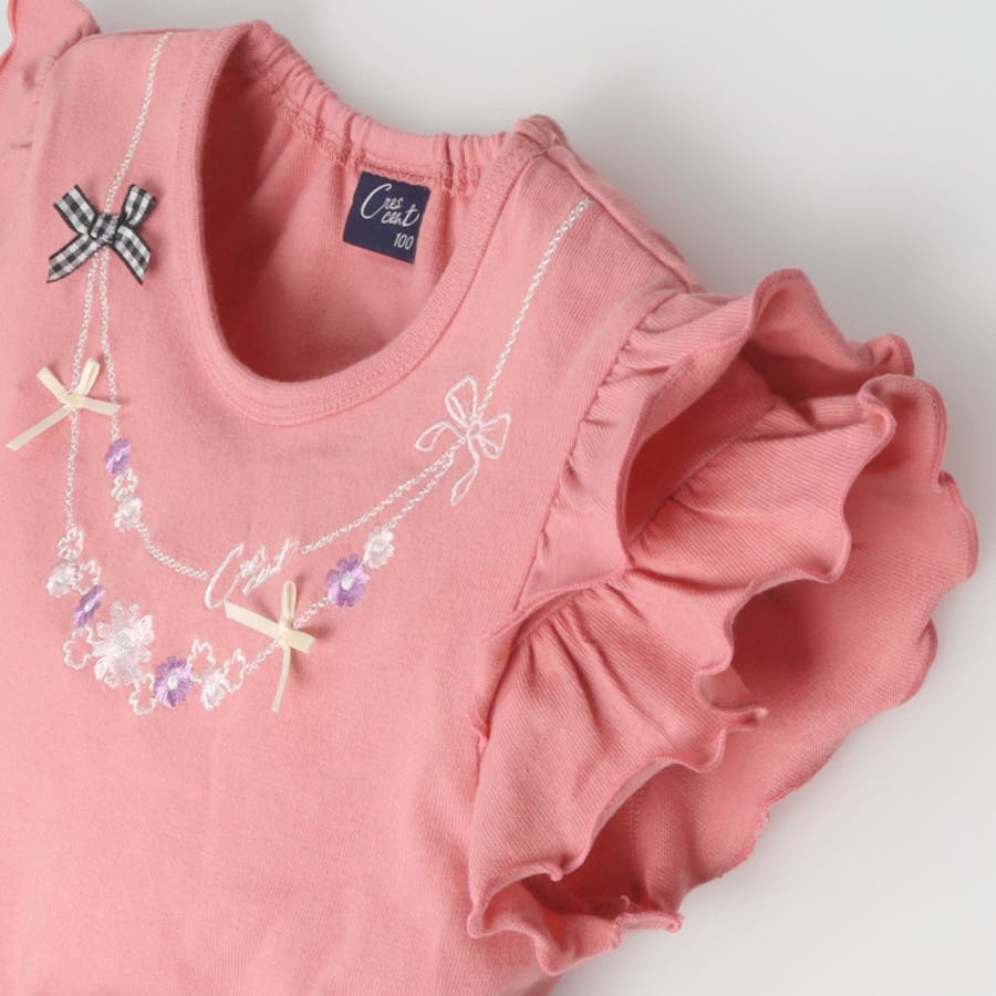 ネックレス刺繍フリル袖Tシャツ[品番：MTIK0012625]｜こどもの森e