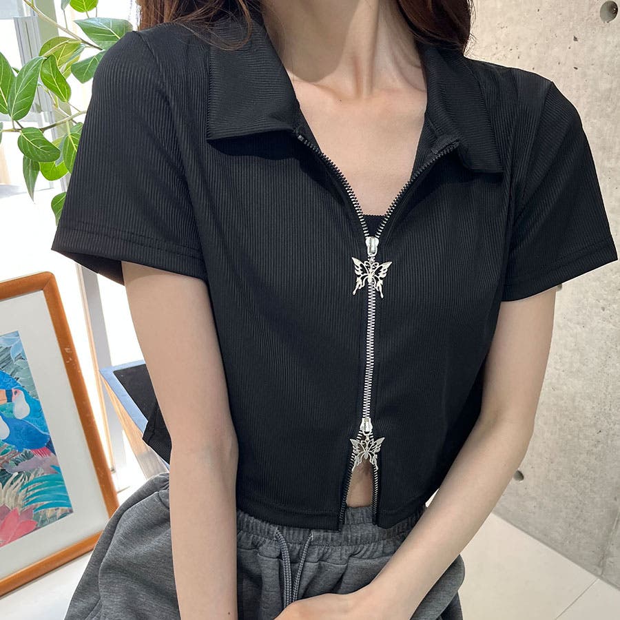 ダブルZIPクロップド丈半袖トップス[品番：MJNW0003334]｜me Jane