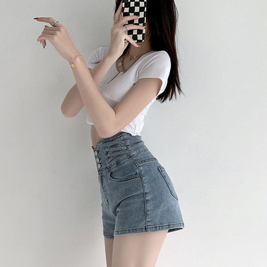 ハイウエストレースアップデニムショートパンツ[品番：MJNW0002012
