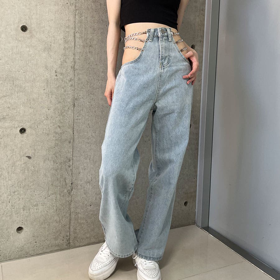 サイドカットアウトチェーン付デニムストレートパンツ 春 韓国トップス 