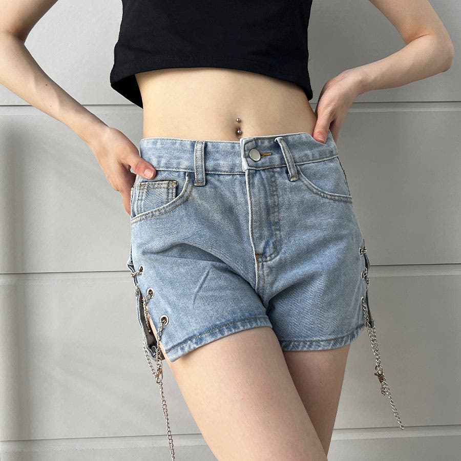 サイドチェーンレースアップデニムショートパンツ[品番
