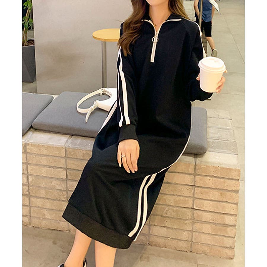 新作＞裏起毛サイドライン入りハーフジップワンピース[品番  