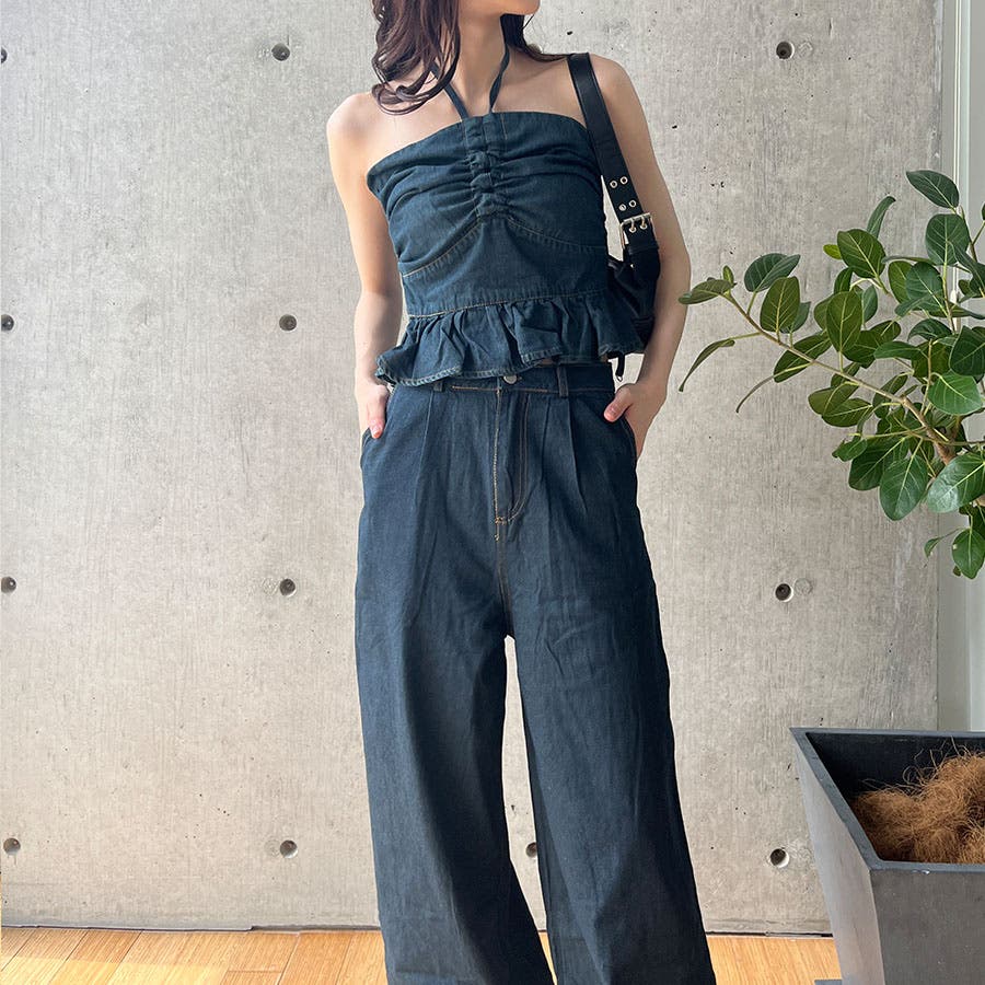 デニムホルターネックベアトップ×ワイドパンツセット[品番