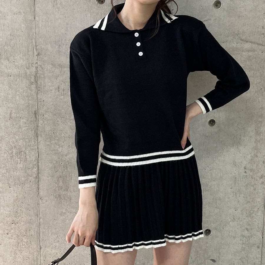 sheller ポロニットトップス ツイードボタンミニスカート セットアップ