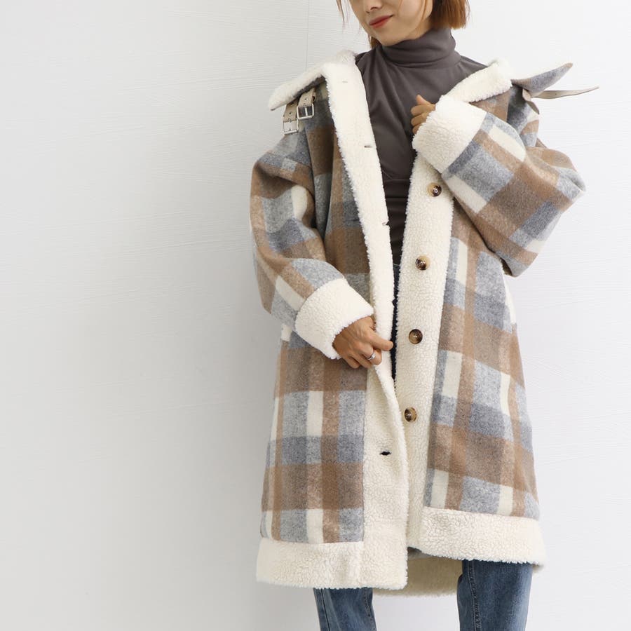 【再入荷】 ロングコート ボアコート冬[品番：II000008015 チェック柄 ジャケット・アウター