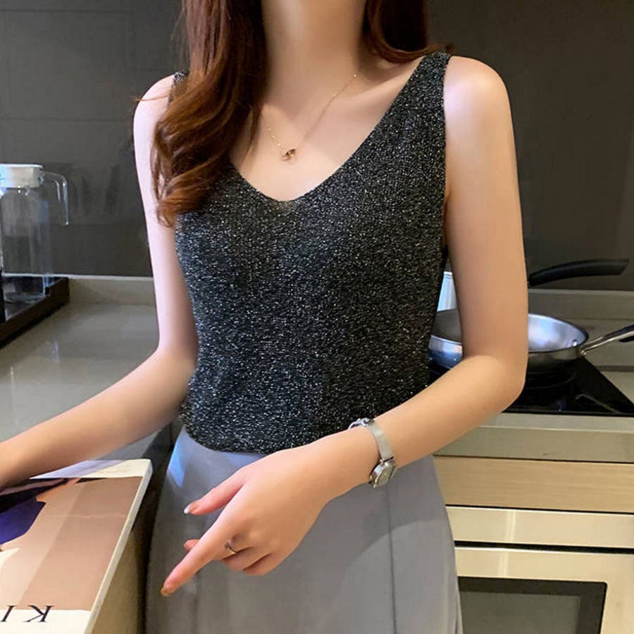 贅沢屋の ラメタンクトップ Vネック サマーニット[品番：II000007419 Mサイズ
