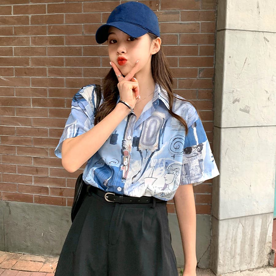 柄シャツ半袖レディース スキッパーシャツ[品番：II000006957