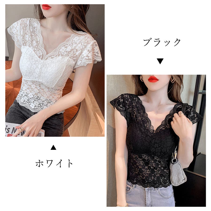 芸能人愛用アイテム特集 花柄 総レース トップス Vネック 透け感[品番：II000006582 Mサイズ