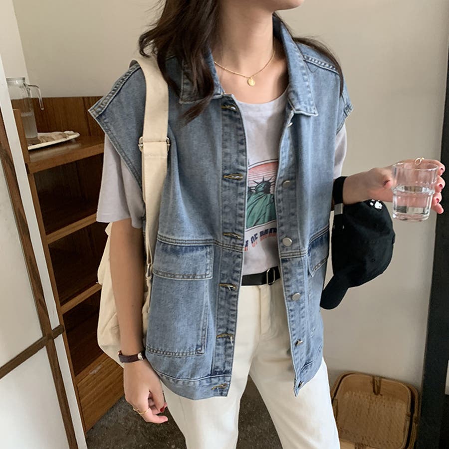 デニムベスト ジレ レディース 重ね着[品番：II000009064 