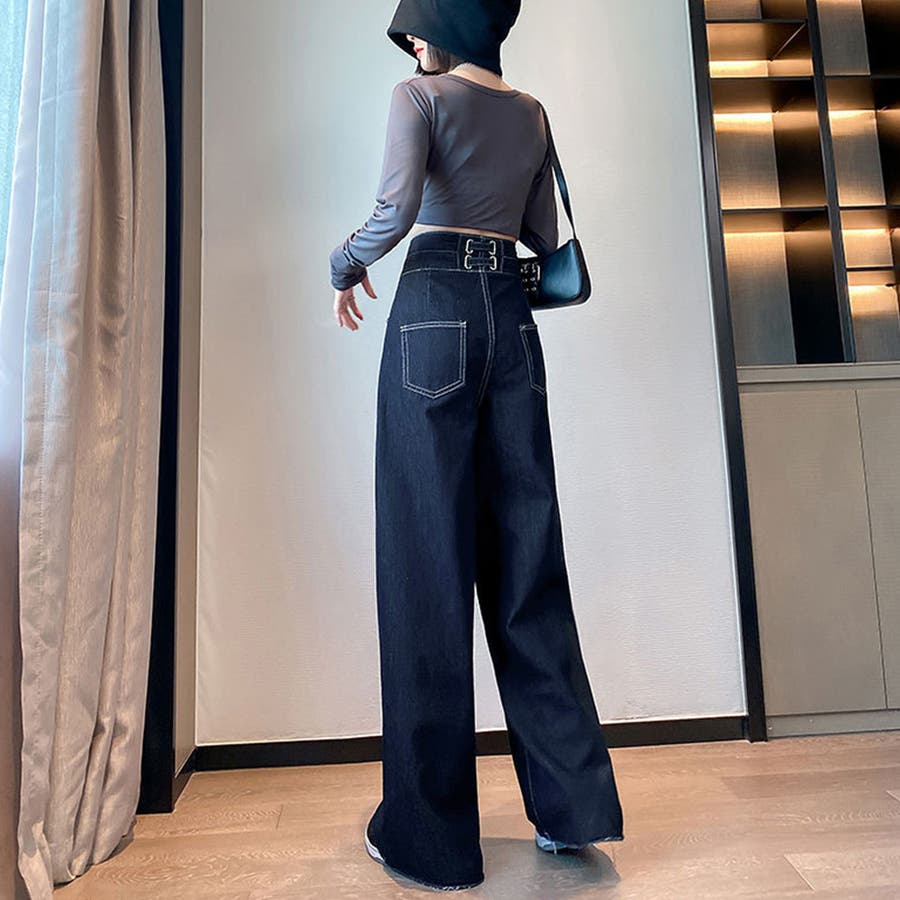 デニム ワイドパンツ ハイウエスト 脚長[品番：II000008313