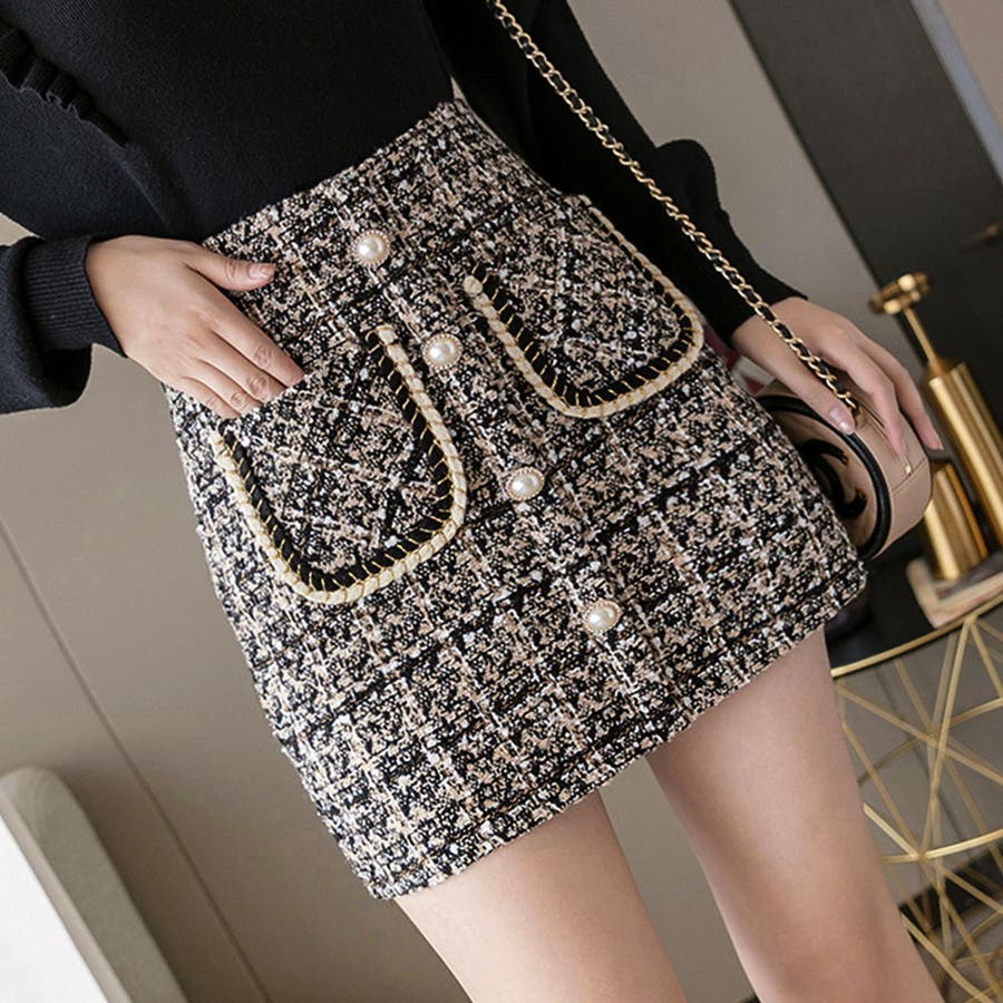 ツイードスカート レディース ハイウエスト[品番:II000005809