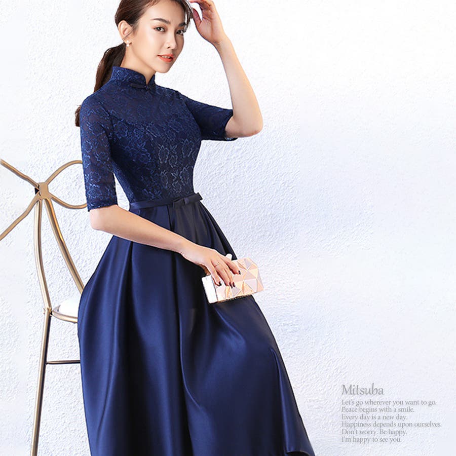 タックが広がるネイビードレス ドレス パーティドレス[品番