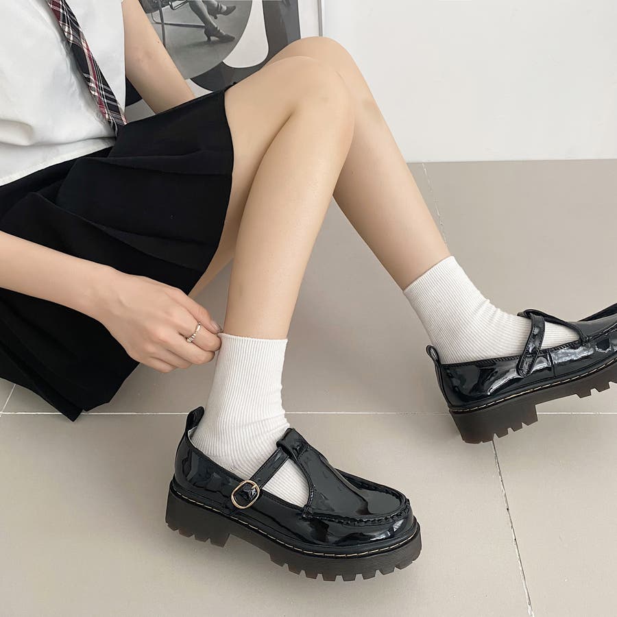 厚底 タンクソール ステッチ入り T字 ストラップ ローファー