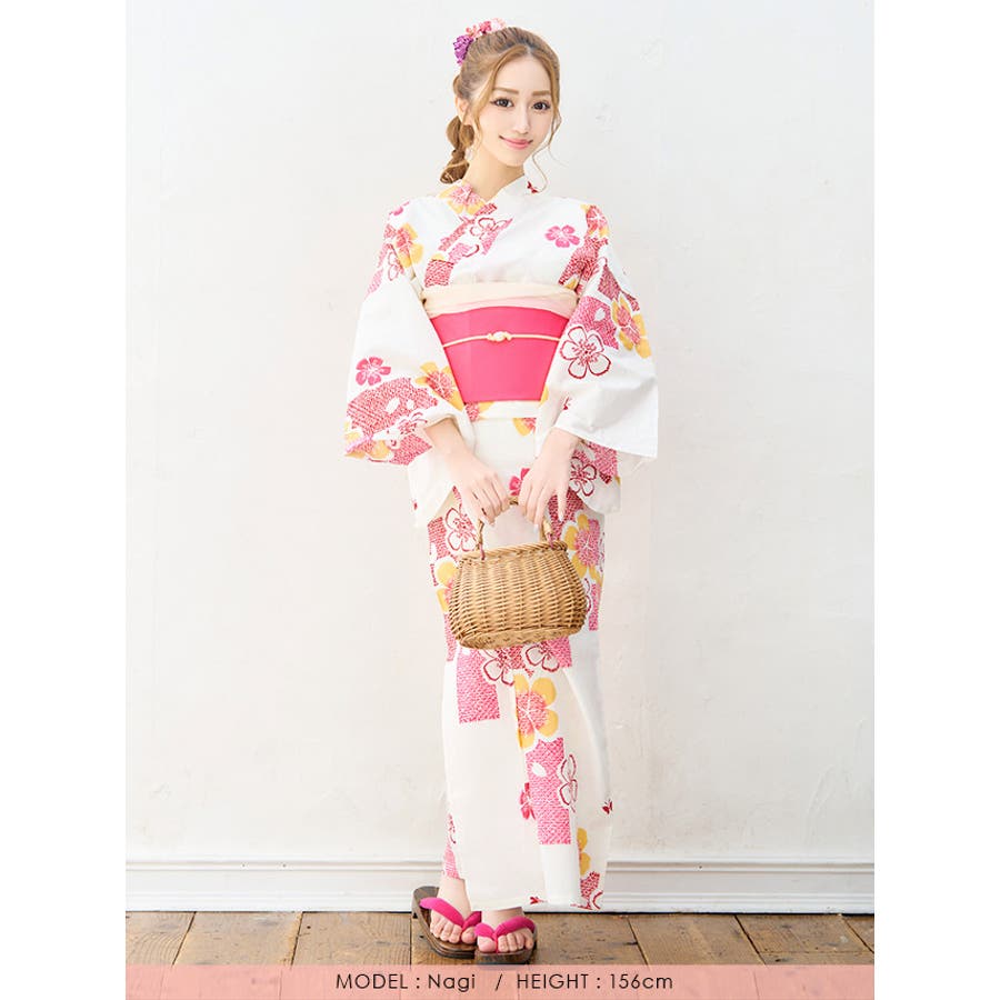 今年も話題の 白地×ポイント桜柄浴衣3点セット ガーリー浴衣 レトロ浴衣[品番 コーマ地