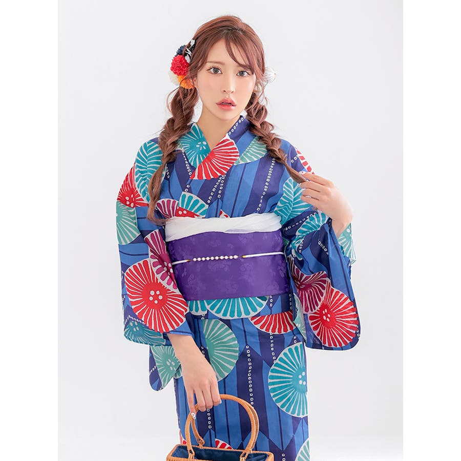 カラフルストライプ×菊柄浴衣2点セット 作り帯 レディース浴衣