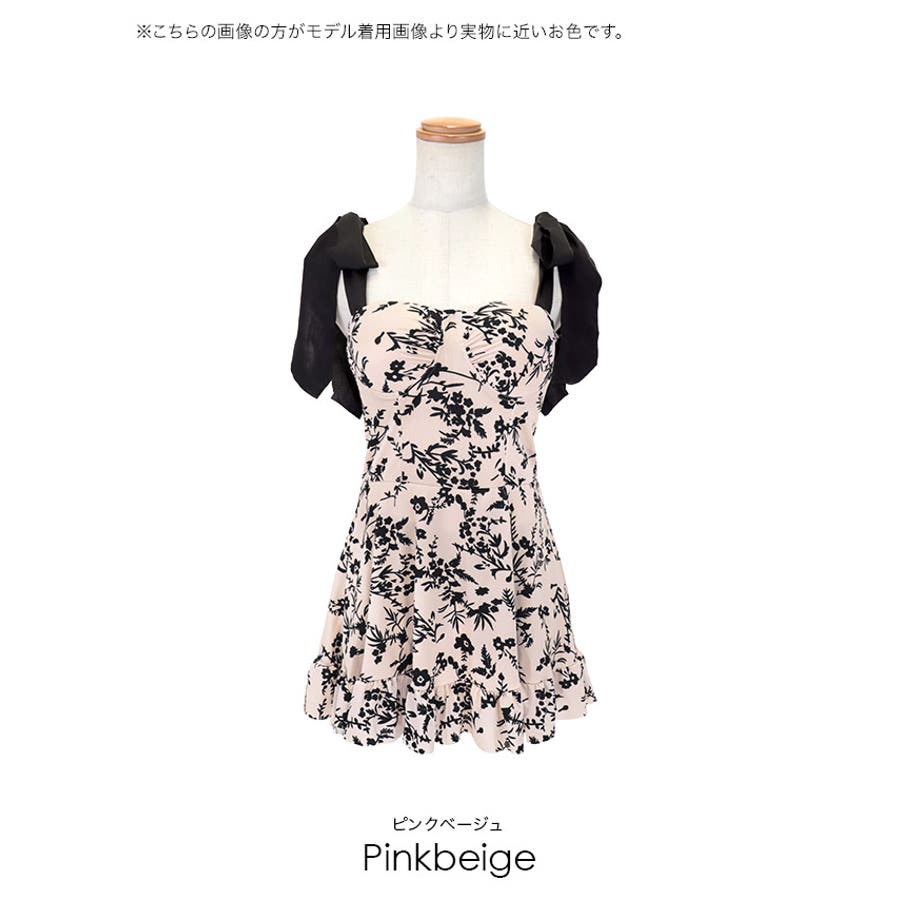 モノトーンボタニカルリボンショルダーワンピース水着 ガーリー